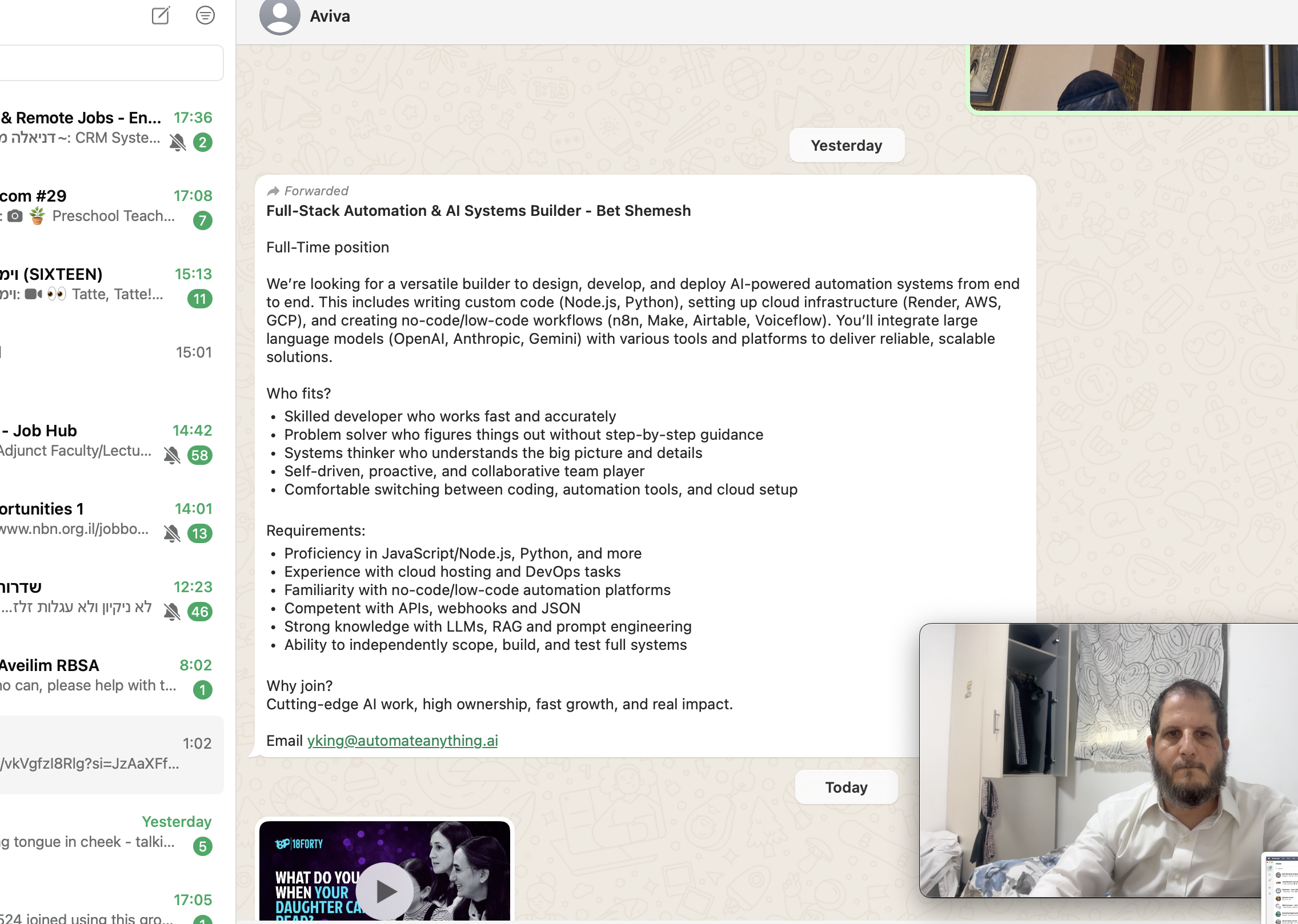 WhatsApp job post for Full-Stack Automation & AI Systems Builder